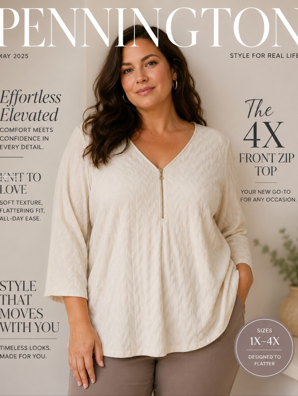 NEW PENN Penningtons Zip front Wafle Knit long sleeve sweater top  SZ 4X  NWT